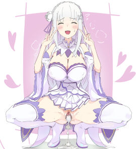 1girls after_sex after_vaginal ass bottomless censored censored_pussy cleavage cum cum_in_pussy elf elf_ears elf_female elf_girl emilia_(re:zero) female half-dressed half_naked mosaic_censoring no_panties open_legs peace_sign pussy re:zero_kara_hajimeru_isekai_seikatsu silver_hair smiling_at_viewer solo solo_focus spread_legs squatting thighs