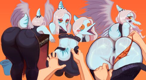 2024 5_fingers angry anon_(snoot_game) anthro anus ass bent_over biped black_bottomwear black_clothing black_crop_top black_pants black_shirt black_topwear blue_body blue_scales blush bottomwear bottomwear_pull buffysaintfury cavemanon_studios clothed clothed_anthro clothed_female clothing clothing_pull colored crop_top duo elbow_feathers eyebrows fang_(gvh) feathered_wings feathers female fingers first_person_view genitals goodbye_volcano_high grey_body grey_feathers grey_hair guitar_amp hair hand_on_ass hand_on_butt hi_res high-angle_view human human_on_anthro human_pov humanoid_hands interspecies long_hair looking_at_viewer looking_down male male/female male_pov mammal markings open_mouth orange_background orange_eyes panties pants pants_pull panty_pull prehistoric_species pterodactylus pterosaur pussy reptile scales scalie sequence sharp_teeth shirt short_tail simple_background snoot_game spiked_headwear standing striped_markings stripes surprised tail teeth topwear underwear underwear_pull wings