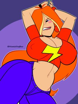 1girls 2025 artist_name ass atomickingboo big_ass big_breasts blush blushing blushing_female breasts clothed clothed_female clothing commission embarrassed embarrassed_female english english_text female female_focus female_only jeans midriff orange-haired_female orange_hair original original_character pole pole_dancing solo solo_female solo_focus text thick_thighs thighs