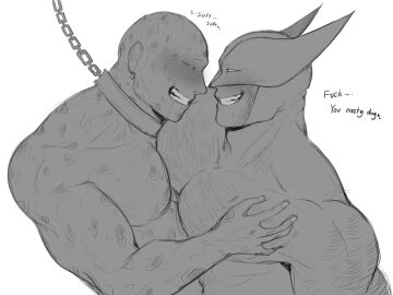 2boys baimonbluewhale bald bara blush chain_leash chains collar deadpool english_text facial_hair gay grin hairy_chest hairy_male large_pectorals logan_(x-men) looking_at_another male marvel marvel_comics mask muscular nude pecs pectoral_grab scars_all_over wade_wilson wolverine_(x-men) x-men yaoi