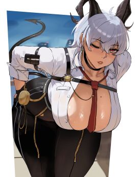 anhuzart breasts female female_only fully_clothed horns huge_breasts one_eye_closed sweat thick_thighs white_hair wide_hips wuthering_waves zani_(wuthering_waves)