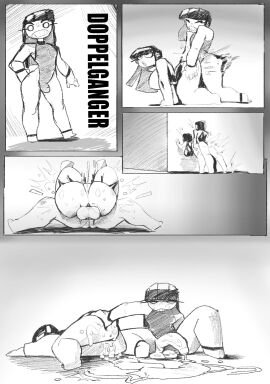 1boy 1girls after_sex ass bangs big_breasts big_penis black_hair breasts comic cum cum_in_ass doppelganger duo female femboy femboy_on_female hung_femboy hung_trap leotard long_hair male north_star_500 penis selfcest