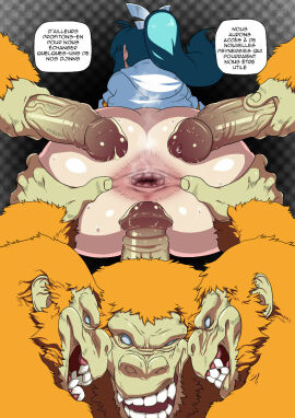 animals anus ass ass_focus ass_grab before_rape before_sex blue_eyes blush breasts camelot clothing comic cum cyan_eyes cyan_hair dragoonrekka female french_text fringe golden_sun huge_breasts male mia_(golden_sun) open_anus penis precum rear_view text uncensored