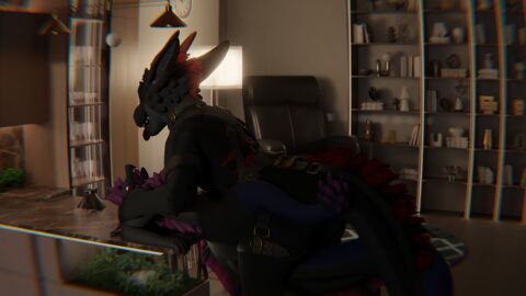 16:9 absurd_res anal anal_sex anthro aurora_(biohazardouswolf) bio_(biohazardouswolf) biohazardouswolf bodily_fluids closed_eyes cum dragon duo fur furred_dragon furred_scalie genital_fluids genitals harness hi_res hybrid kitchen knot lying male male/male moonfang mythological_creature mythological_scalie mythology on_back open_mouth penetration penis regalfin scalie widescreen