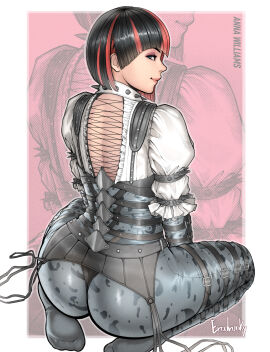 1girls anna_williams ass ass_focus back back_view big_ass erodrunky feet female female_only kneeling looking_back smile soles stockings tekken tekken_8 thick_thighs tight_clothing