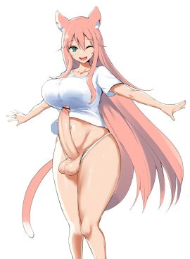big_breasts big_penis blue_eyes breasts cat_ears cat_tail censored dickgirl futa_focus futa_only futanari intersex large_breasts neko original original_character penis pink_hair ubanis