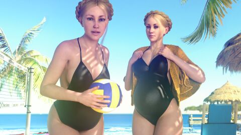 2girls 3d 3d_model atomic_heart bare_legs bare_shoulders beach beach_ball beach_towel big_breasts bikini blonde_hair breasts child_bearing_hips clothed crown_braid curvy curvy_female curvy_figure ekaterina_nechayeva female female_focus female_only humanoid large_breasts left_(atomic_heart) light_skin looking_at_viewer non-nude ocean one-piece_swimsuit palm_tree pregnant pregnant_belly pregnant_female ready_to_pop right_(atomic_heart) standing sunlight tagme the_twins_(atomic_heart) thick_thighs thighs volleyball voluptuous_female word2