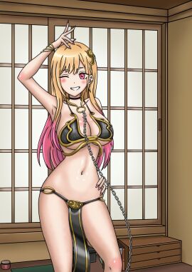 1girls 2020s bare_arms bare_legs bare_midriff bare_shoulders bare_thighs bedroom bedroom_background bedroom_setting belly_button big_breasts bikini bikini_top black_bikini black_bikini_top black_loincloth blonde_hair blush bracelet breasts chain_leash chained chained_collar chained_up chains choker cleavage collar cosplay crossover crossover_cosplay dancer ear_piercing earrings female female_only flirting flirting_with_viewer gold_(metal) gold_bracelets gold_collar gold_hair_ornament gold_jewelry golden_bracelets golden_collar golden_hair_ornaments gyaru hair_ornament highlights_(coloring) house huge_breasts inner_sideboob kitagawa_marin large_breasts leash leash_and_collar leashed_collar leashed_female light-skinned_female light_skin loincloth long_fingernails long_hair metal_collar midriff multicolored_hair nail_polish navel open_mouth pink_eyes pink_hair pink_highlights pink_nail_polish pink_nails revealing_clothes silver_ear_piercing silver_earrings skimpy_clothes slave slave_bikini slave_collar slave_girl slave_leia_(cosplay) slave_outfit solo sono_bisque_doll_wa_koi_wo_suru star_wars teenage_female teenage_girl wink winking winking_at_viewer zarohidehire