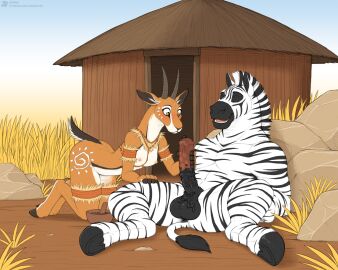 animal_genitalia animal_penis antelope anthro anthro_on_anthro ass balls black_stripes bodily_fluids bovid breasts duo equid equine equine_genitalia equine_penis erection female fur gazelle genital_fluids genitals hi_res hooves horn jishinu male male/female mammal nipples nude penis precum striped_body striped_fur stripes tan_body tan_fur tribal white_body white_fur zebra