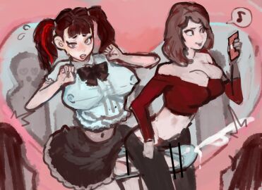 1futa 1girls black_hair brown_hair censored crowd cum ejaculation erection erection_under_clothes female futa_on_female futanari huge_cock intersex kmaro musical_note panties pants penis penis_between_legs red_streak shirt skirt smartphone speech_bubble tongue tongue_out twintails