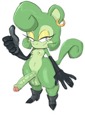 5_fingers anthro armwear atelid balls big_penis black_armwear black_boots black_clothing black_elbow_gloves black_footwear black_gloves black_handwear blue_eyes boots breasts claire_voyance closed_smile clothing countershading curled_tail ear_piercing ear_ring elbow_gloves eyelashes fingers footwear fur futanari genitals gesture gloves green_body green_countershading green_ears green_fur green_hair green_inner_ear green_tail hair hand_gesture handwear haplorhine hi_res high_heeled_boots high_heels howler_monkey humanoid_genitalia humanoid_penis idw_publishing intersex long_tail mammal monkey mouth_closed narrowed_eyes new_world_monkey nipples nude penis piercing pink_nipples primate pupils ring_piercing sega small_breasts smile solo sonic_(series) sonic_the_hedgehog_(comics) sonic_the_hedgehog_(idw) sonic_the_hedgehog_(series) tail thumbs_up vein veiny_penis zahoggu