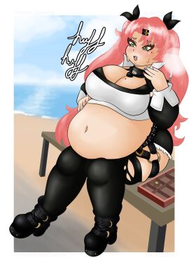 1girls bbw beach belly belly_button bench big_belly black_shoes breasts chubby chubby_female cunning_hares fat fat_female female female_only green-eyed_female green_eyes light-skinned_female light_skin nicole_demara overweight overweight_female pink-haired_female pink_hair shoes sitting sitting_down sitting_on_chair sky solo solo_focus zenless_zone_zero