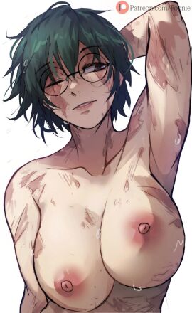 1girls armpits big_breasts breasts female female_only foonie_xd glasses green-haired_female green_hair human jujutsu_kaisen scar scars short_hair solo sweat zenin_maki