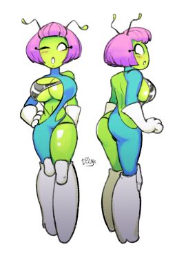 4_fingers alien alien_girl alien_humanoid antennae ass asymmetrical_clothes big_ass bikini blue_clothing bob_cut boob_window boots breasts character_sheet cleavage curvy dianx female gloves green_skin hourglass_figure huge_breasts kneehighs large_breasts metallic_bikini navel oc one_eye_closed pink_hair pupilless_eyes revealing_clothes science_fiction shiny_skin shortstack sideboob spacesuit teal_clothing thick_thighs underboob voluptuous white_eyes white_gloves winking