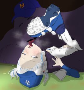 absurd_res animal_humanoid arm_grab asphyxiation baseball_(sport) baseball_cap baseball_uniform blue_eyes blue_hair breath clothing digital_media_(artwork) duo erect_nipples eye_roll faceless_character faceless_male female female_on_bottom fish fish_humanoid french_kissing gawr_gura grass grimace_(mcdonald's) hair hat headgear headwear hi_res highlights_(coloring) hololive hololive_en hololive_english hololive_myth humanoid kissing los_angeles_dodgers lying male male/female male_on_top marine marine_humanoid mascot mcdonald's mlb new_york_mets nipple_outline nipples on_back on_bottom on_top onekinginheaven open_mouth plant purple_body shark_humanoid sharp_teeth sport sportswear teeth throat_grab tongue tongue_out uniform virtual_youtuber vtuber white_hair