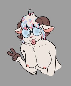 anthro big_breasts blep bovid box_of_floof breasts caprine digital_media_(artwork) eyewear female fur genitals glasses hair mammal nipples nude sheep simple_background solo tongue tongue_out