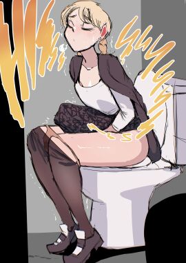 1girls biku black_skirt blonde_hair bra bra_peek closed_eyes clothes_lift clothes_pull female onomatopoeia orange_bra orange_panties original original_character panties_under_pantyhose panty_pull pantyhose pantyhose_pull peeing shirt sitting skirt skirt_lift skirt_lifted_by_self solo solo_female solo_focus sweat toilet toilet_use twin_braids twintails underwear urine white_shirt