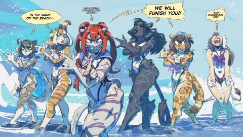 16:9 absurd_res advertisement animal_humanoid anthro anthro_only bishoujo_senshi_sailor_moon clothing cosplay dandee_(character) dialogue digital_media fel_(my_life_with_fel) felid felid_humanoid female futanari group group_picture hi_res humanoid intersex jaguar jaguar_humanoid kenno_arkkan kitzy_(character) kyra_(nightargen) leopard lion mammal mammal_humanoid original orio_(character) pancake_(luxar92) pantherine pantherine_humanoid seaside snow_leopard speech_bubble swimwear widescreen