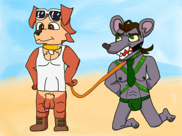 2024 anthro ball_gag balls bondage brown_body bulge canid canine canis clothing collar crossoverlion2 domestic_dog duo dylan_(go_go_jump) eyewear gag genitals go_go_jump grey_body hi_res leash male male_only mammal murid murine necktie penis petplay pubes rat rodent roleplay sunglasses underwear