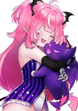 ahoge camila_(vtuber) cimp_(camila) closed_eyes creature demon demon_girl demon_wings elbow_gloves fan_mascot_(vtuber) female gloves hug indie_virtual_youtuber long_hair marking_below_eyes multicolored_hair navel open_mouth panties pink_hair pointy_ears simple_background smile streaked_hair stuffed_toy tail underwear virtual_youtuber white_background white_hair white_panties wings