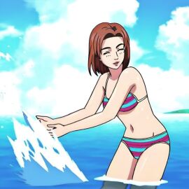 absurdres anime_screenshot beach bikini breasts brown_eyes brown_hair cleavage closed_eyes collarbone ecchi_san female highres initial_d medium_breasts mika_uehara navel ocean side-tie_bikini_bottom stitched stomach swimsuit thighs third-party_edit water wet wet_clothes wet_swimsuit