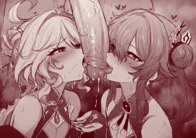 1boy 2girls ahoge alternate_costume bare_shoulders blush breasts bridal_gauntlets china_dress chinese_clothes cleavage cock_worship collaborative_fellatio cum cum_on_body double_bun dress fellatio female ffm_threesome flustered foreskin foreskin_play furina_(genshin_impact) genshin_impact hair_bun hair_intakes hearts hearts_around_head hu_tao_(genshin_impact) licking licking_penis m-da_s-tarou male oral penis sleeveless small_breasts tongue tongue_out trembling uncensored uncircumcised upper_body