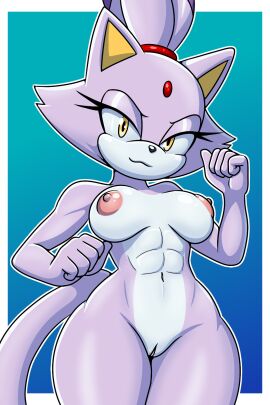 2:3 abs anthro areola big_breasts black_nose blaze_the_cat blue_background border breasts domestic_cat eyelashes felid feline felis female forehead_gem fur gem genitals hi_res looking_at_viewer mammal navel nipples nude pink_areola pink_nipples purple_body purple_fur sega simple_background smile solo sonic_the_hedgehog_(series) sonicguru thick_thighs vulva white_body white_border white_fur wide_hips yellow_eyes
