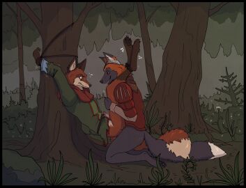 2024 anal anal_sex anthro arms_tied ass biped bodily_fluids bottomless bound canid canine clothed clothing colored duo erection fox fur garbagegarage genital_fluids genitals grey_body grey_fur hi_res legs_tied male male/male mammal outside penetration penile penile_penetration penis penis_in_ass pink_penis plant precum sex shirt topwear tree