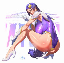 1girls annimeone7 ass big_ass big_breasts black_eyes blush breasts cosplay fate/grand_order fate_(series) female female_only footwear gloves gundam gundam_seed_destiny hair handwear heels huge_breasts legs leotard lips long_hair looking_back mature mature_female mature_woman meer_campbell_(cosplay) milf minamoto_no_raikou_(fate/grand_order) purple_hair purple_leotard smile solo solo_female squatting steam steamy white_gloves