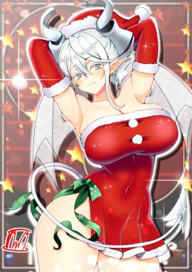 1girls armpits blush breasts demon demon_girl demon_tail demon_wings duel_monster female gloves huge_breasts labrynth_of_the_silver_castle large_breasts looking_at_viewer lovely_labrynth_of_the_silver_castle pose princess santa_costume santa_hat silver_eyes smile solo tail tama_amata thighs twintails voluptuous white_hair wings yu-gi-oh!