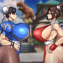 2girls animated asian asian_female bouncing_breasts breasts breasts_press breasts_pressed_together breasts_to_breasts chun-li fatal_fury female female_only garou:_mark_of_the_wolves jiggle jiggling jiggling_breasts king_of_fighters long_hair mai_shiranui miruyuyo street_fighter tagme video