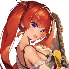 back back_view backboob bandaid bandaid_on_finger big_breasts black_bra black_hair_tie blush bra bra_visible_through_clothes breasts cleavage color eyebrows_visible_through_hair female female_focus female_only fringe fringe_hair from_behind game_cg guitar hair_ornament hair_tie hairclip last_origin long_twintails looking_at_viewer looking_back may_of_doom mole mole_on_breast necklace open_mouth paintale purple_eyes red_hair see-through see-through_clothing sideboob smile smiling smiling_at_viewer sweat sweatdrop transparent_background transparent_clothing twintails upper_body very_long_hair viewed_from_behind