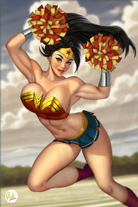 1girls aqua_eyes black_hair boots breasts cheerleader cleavage dc dc_comics diana_prince didi_esmeralda female female_only fully_clothed huge_breasts long_hair looking_at_viewer miniskirt pom_poms revealing_clothes skirt solo tiara wonder_woman wonder_woman_(series)