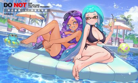 2girls bikini braid breasts cleavage female goggles_on_head happy inkling inkling_girl jinkoika nintendo octoling octoling_girl pool shorts side_tie_bikini_bottom splatoon splatoon_(series) strapless_bikini swimwear thighs