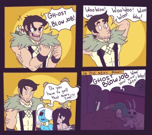 1boy 3girls annie_(skullgirls) beowulf_(skullgirls) black_hair comic continuation filia_(skullgirls) ghost_girl green_hair hair_over_one_eye long_hair meme midnightstep muscular samson_(skullgirls) sfw short_hair side_ponytail skullgirls squigly sword text text_bubble variant_set white_hair yamamura_sadako