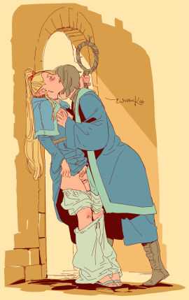 2girls against_wall architecture blonde_hair blush breast_grab breasts choker dress_lift dungeon_meshi elf elf_ears falin_touden fanon_couple feet_together female female_pubic_hair fingering high_ponytail kissing_neck looking_pleasured marcille_donato nude panties_down ponytail pussy robe staff standing underwear wintonkidd yuri