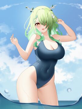 1girls 2024 2d 2d_(artwork) big_breasts blue_swimsuit breasts ceres_fauna clouds day drey525 female female_focus female_only flowers flowers_in_hair front_view green_hair hair_over_one_eye high_resolution highres hololive hololive_english hololive_english_-council- hololive_english_-promise- hourglass_figure light-skinned_female light_skin medium_hair mole mole_under_eye ocean one-piece_swimsuit outdoors sky smiling smiling_at_viewer solo solo_female solo_focus standing standing_in_water summer swimsuit tight_clothing virtual_youtuber voluptuous voluptuous_female vtuber vtuberfanart water white_flowers yellow_eyes young younger_female