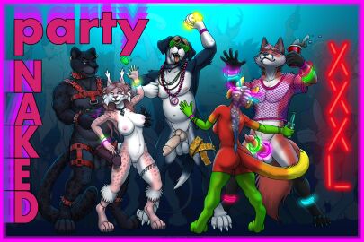 animal_genitalia animal_penis breasts canid canine canine_genitalia canine_penis darvian exhibitionism felid feline female fox genitals hi_res jon_wildmane kravlin lynx male mammal nyara pantherine party penis pussy rave sabertooth shiarra
