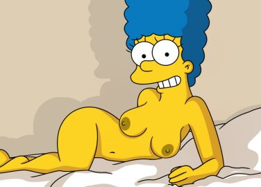 1girls big_breasts blue_hair breasts completely_nude female grin laying_on_side looking_at_viewer marge_simpson navel nipples nude shaded shadow sheets solo_female the_simpsons wide_hips wvs yellow_body yellow_skin