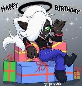 1girls alternate_version_available birthday birthday_gift black_halo blightstar boots clothes dark_skin english_text female female_only gift_art gift_box green_sclera hair_over_one_eye halo jacket jeans karma_(character) legs_crossed long_eyelashes long_hair looking_at_viewer oc original original_character pointy_ears ponytail presents sitting_on_box smile waving_at_viewer white_hair white_pupils