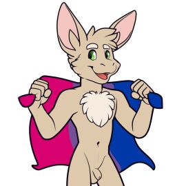 anthro balls bat bat_ears bisexual_pride_colors desert_bat digital_media_(artwork) flag flag_(object) fur genitals green_eyes hi_res holding_object humanoid_genitalia humanoid_penis lgbt_pride lgbt_pride_month looking_at_viewer male male_only mammal nude nude_anthro nude_male penis pride_color_flag pride_colors shiuk simple_background smile solo tan_body tan_fur tuft turo_of_akesh wingless_bat