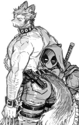 2boys alternate_costume anger_vein animal_ears ass back bara beard belt big_bad_wolf_(cosplay) chain_leash chains chest_hair claw_(weapon) clenched_hand closed_mouth collar cosplay couple deadpool deadpool_&_wolverine_(2024) dishing dress facial_hair halloween halloween_costume highres holding hood hood_up james_howlett large_pectorals leash little_red_riding_hood_(copyright) little_red_riding_hood_(cosplay) logan_(x-men) looking_at_another male male_focus male_only marvel marvel_cinematic_universe marvel_comics mask monochrome multiple_boys multiple_males muscular muscular_male pants pectorals short_hair sword tail thigh_strap topless_male torn_clothes torn_pants v-shaped_eyebrows wade_wilson weapon weapon_on_back wolf_boy wolf_ears wolf_tail wolverine_(x-men) x-men yaoi