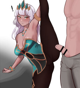 1boy absurdres armlet armpits bar_censor bare_shoulders blunt_bangs bracelet breasts brown_pants brown_pantyhose cel_da_lin censored cleavage collarbone crown dark-skinned_female dark_skin dress female green_dress grey_hair highres jewelry large_breasts league_of_legends leg_up long_hair looking_at_viewer male mole mole_under_eye pants pantyhose penis penis_face qiyana_yunalai short_dress simple_background split standing standing_on_one_leg standing_split strapless strapless_dress topless white_background
