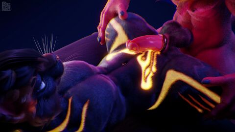 3d anal anal_sex bed felid feline femboy fur furniture glowing hi_res legacy_(freschrenders) lynx male mammal monotreme muscular picti piercing pubic_tattoo red_body red_fur red_skin ring tagme