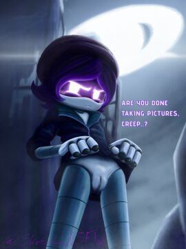 1girls 2d embarrassed embarrassed_female embarrassed_nude_female enf english_text female female_only genitals glowing_eyes humanoid murder_drones purple_eyes purple_hair pussy rnn_(murder_drones) robot robot_girl robot_humanoid screen_face sketchinnsfw skirt_lift solo solo_female talking text uzi_(murder_drones) vagina