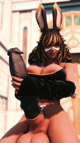 animal_genitalia_on_humanoid areolae balls black_hair black_lipstick bottomless breasts dark-skinned_futa dark_skin final_fantasy futa_only futanari horsecock horsecock_futa horsecock_on_humanoid intersex large_penis legretta_asteria lipstick long_hair penis tattoo viera