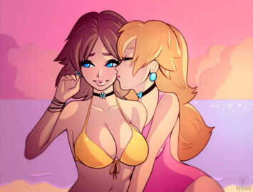 2girls beach bikini blonde_hair blue_eyes bracelet breasts brown_hair cheek_kiss choker closed_eyes clouds earrings female flower_earrings kissing kylinsix large_breasts long_hair mario_(series) midriff navel nintendo ocean one-piece_swimsuit outside pink_one-piece_swimsuit pink_swimsuit princess_daisy princess_peach sky swimsuit water yellow_bikini yellow_swimsuit yuri