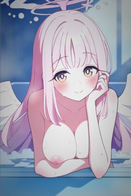 bathing blue_archive breasts closed_mouth feathered_wings female hair_down halo happy highres long_hair looking_at_viewer medium_breasts mika_(blue_archive) nipples non-web_source pink_hair split_mouth very_long_hair wings