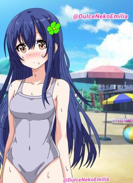 1girls artist_name beach beach_ball blue_hair breasts brown_eyes date_a_live dulcenekoemilia female female_only itsuka_shiori light-skinned_female light_skin solo swimsuit