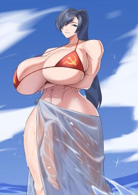 1futa 2d abs arms_under_breasts athletic athletic_female bikini bikini_top_only black_hair blue_eyes blue_sky breasts cloud cloudy_sky crossed_arms female female_focus futa_only futanari hammer_and_sickle huge_breasts hung_futa intersex large_breasts large_penis long_hair long_ponytail muscular muscular_female muscular_legs muscular_thighs ocean ocean_background original original_character penis ponytail russian sarong skimpy skimpy_clothes skimpy_outfit sky smile smug smug_face soviet soviet_flag_print soviet_union standing standing_in_water standing_position swimsuit thick_thighs thighs towel towel_around_waist valentina_(nuclear-il2) wide_hips